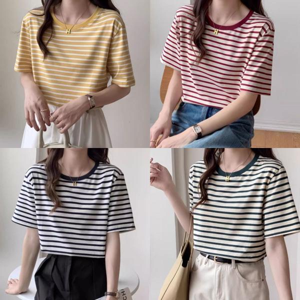 ALORA 基礎橫條紋圓領短T 