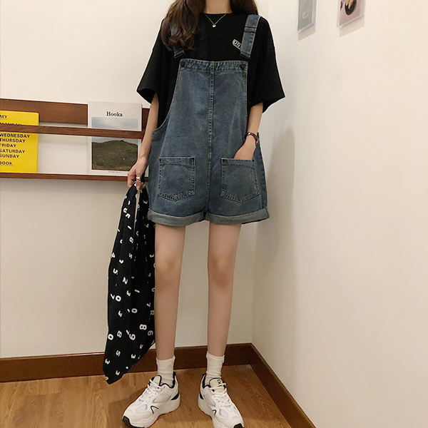 ALORA 做舊寬鬆牛仔吊帶褲 