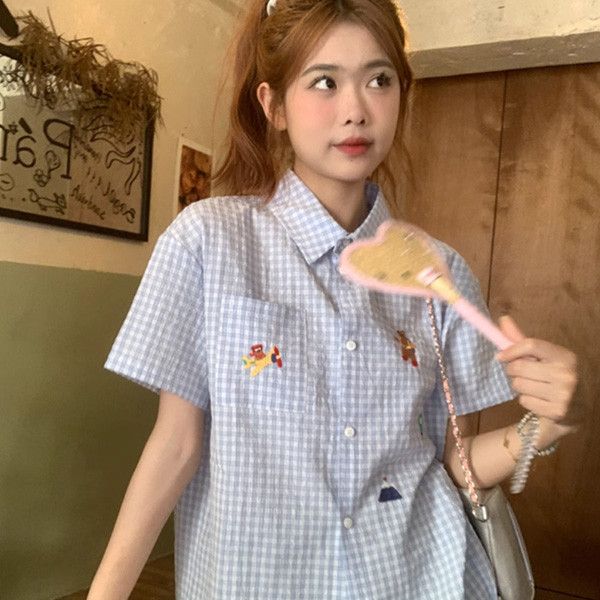 ALORA 小圖案刺繡格子襯衫 