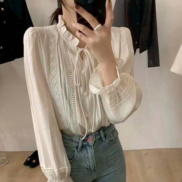 ALORA 法式木耳邊系帶長袖襯衫 