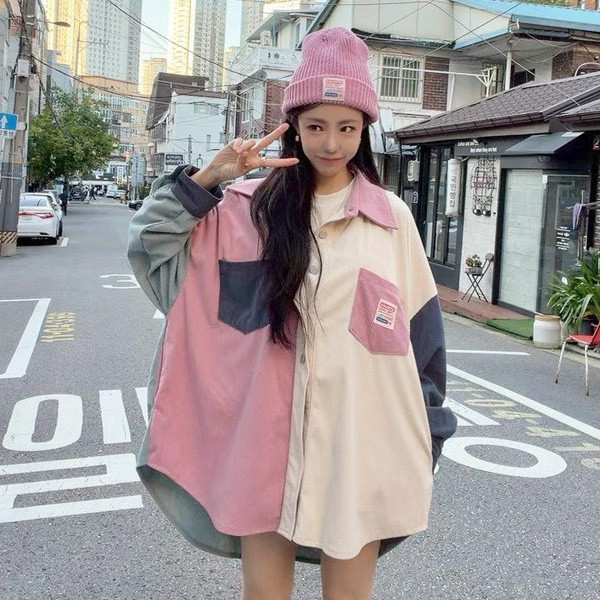 ALORA 韓風拼布感燈芯絨襯衫 