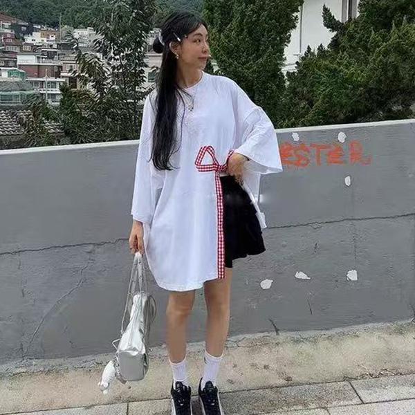 ALORA 格子蝴蝶結開岔短T 