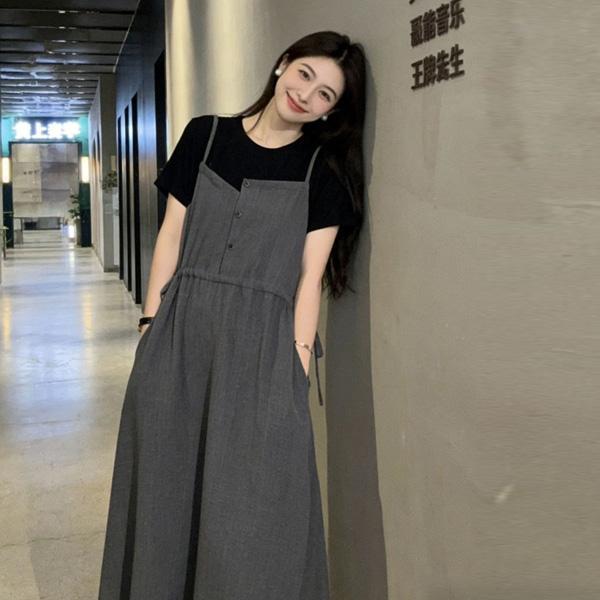 ALORA 雅痞假兩件吊帶連身褲 