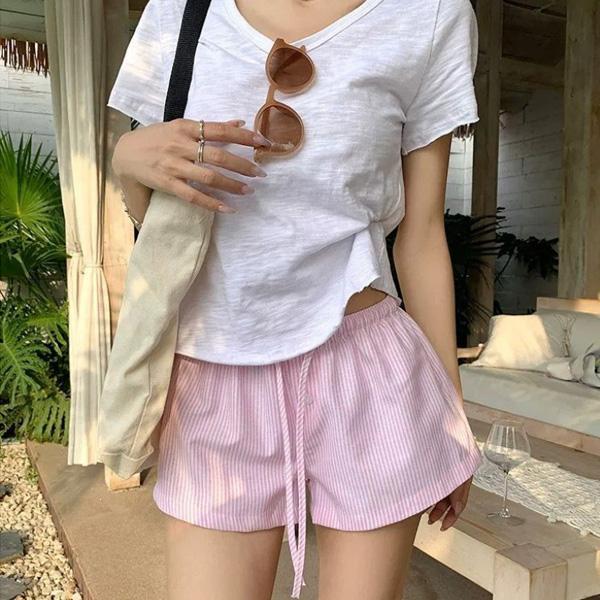 ALORA 甜美條紋鬆緊休閒短褲 