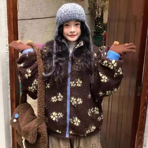 ALORA 巧克力花朵羊羔毛外套 