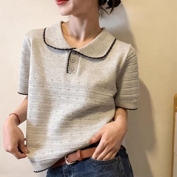 ALORA 小緹花POLO領針織上衣 