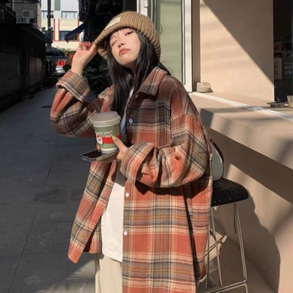 ALORA 百搭紅黑格紋長袖襯衫 