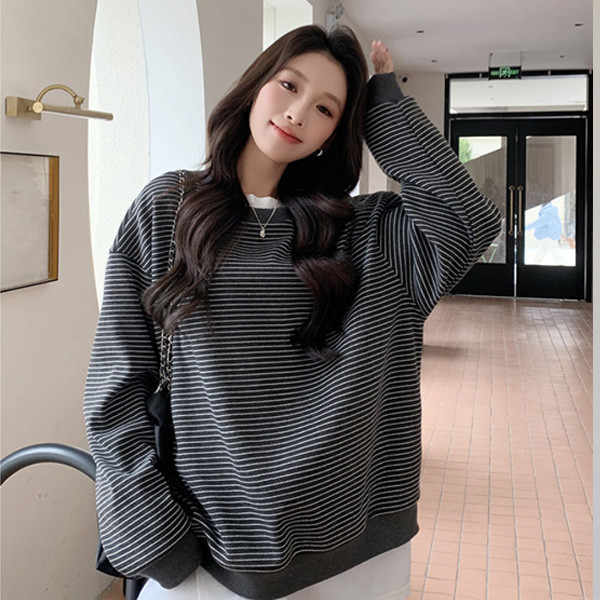 ALORA 韓系基礎圓領條紋衛衣 