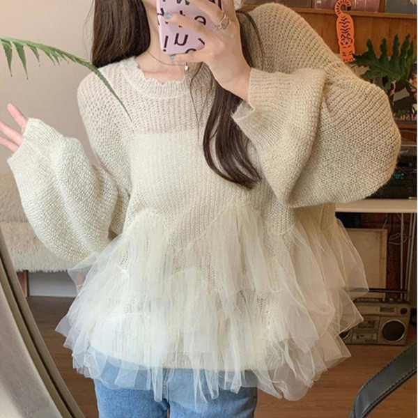 ALORA 薄款拼接網紗針織上衣 