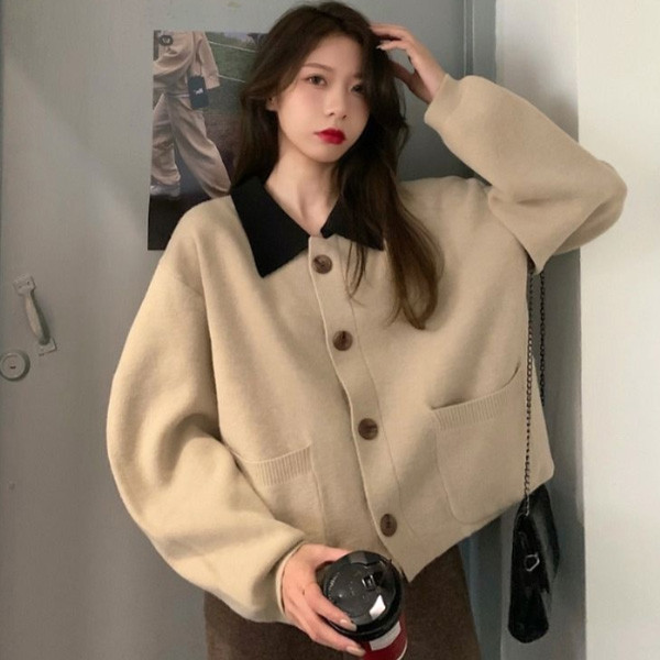 ALORA 好看撞色翻領針織外套 