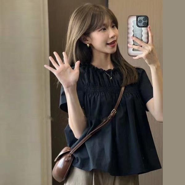 ALORA 甜美系抓皺黑色上衣 