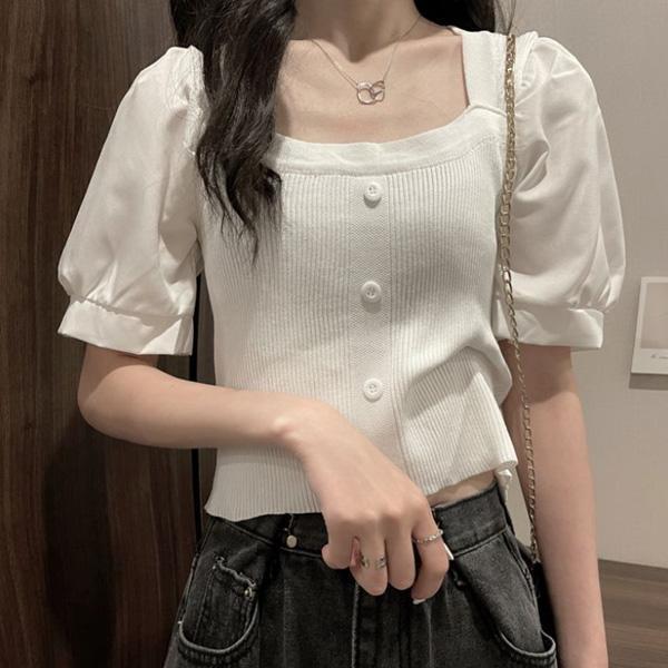 ALORA 泡泡袖拼接針織上衣 