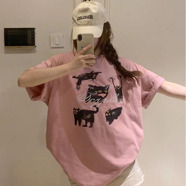 ALORA 可愛黑色貓咪印花短T 