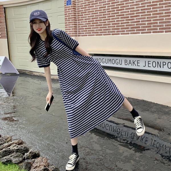 ALORA 通勤橫條紋短袖洋裝 