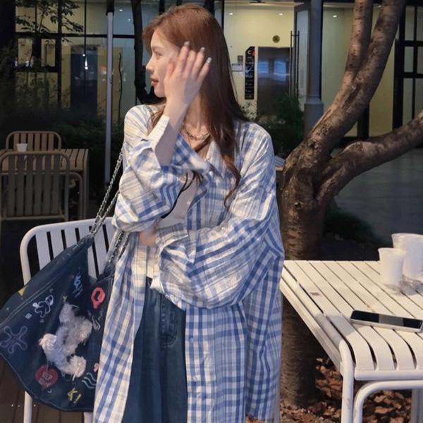 ALORA 男友藍色格子長袖襯衫 