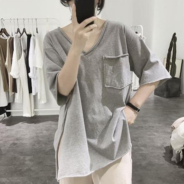 ALORA V領口袋卷邊短T 