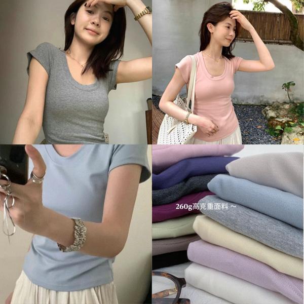 ALORA 多色!高彈性U領合身短T 