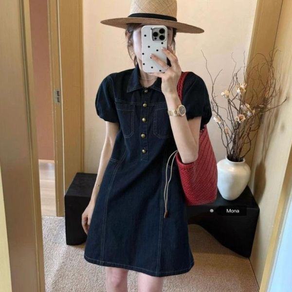 ALORA 極簡泡泡袖牛仔洋裝 