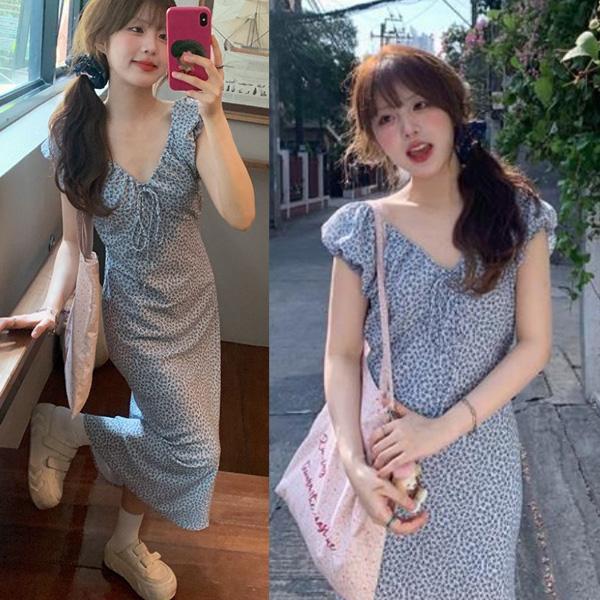 ALORA 小性感藍色碎花長板洋裝 