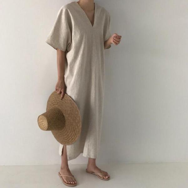 ALORA 前後V領棉麻洋裝 