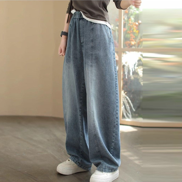 ALORA 褲頭鬆緊壓線牛仔哈倫褲 