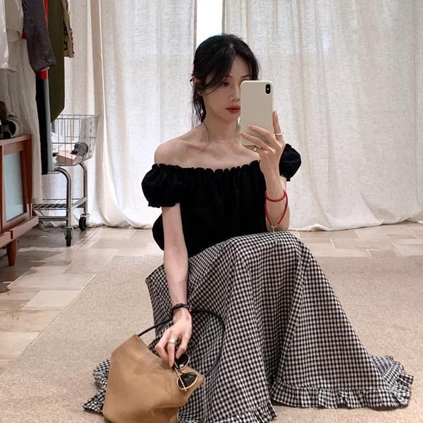 ALORA 露肩黑白格兩件式套裝 