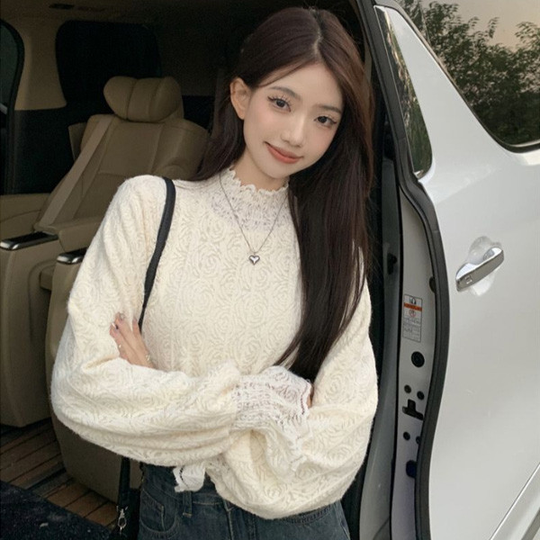 ALORA 玫瑰蕾絲印花高領打底上衣 