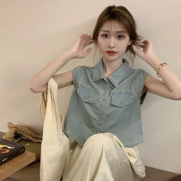 ALORA 坎肩短版牛仔襯衫 