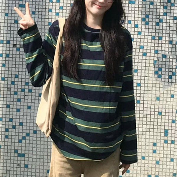 ALORA boy風橫條撞色長T 