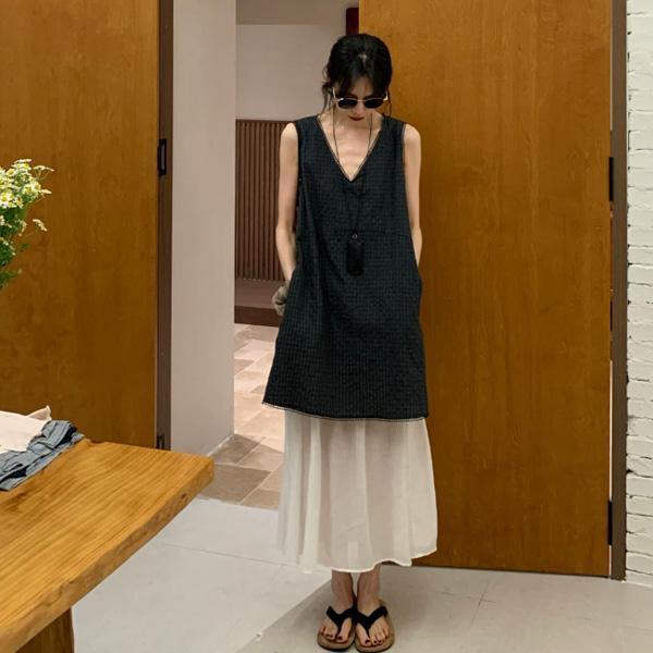 ALORA 格子V領假兩件洋裝 