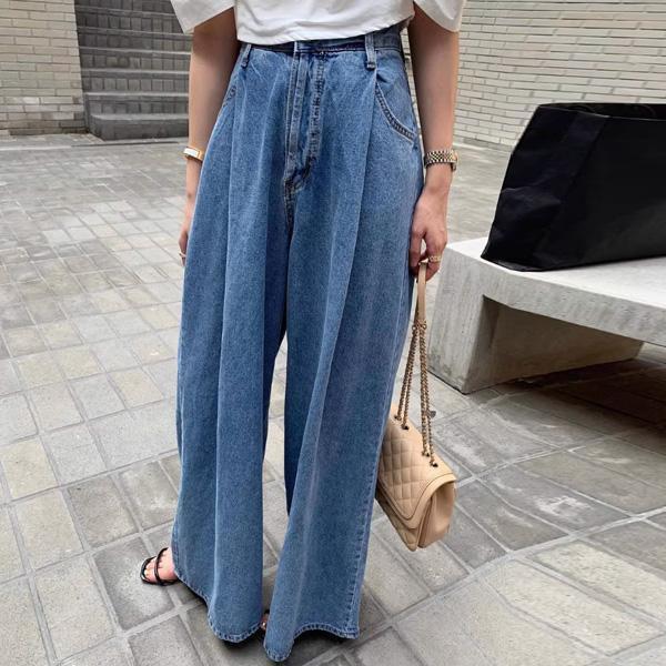 ALORA 一粒扣壓褶牛仔長褲 