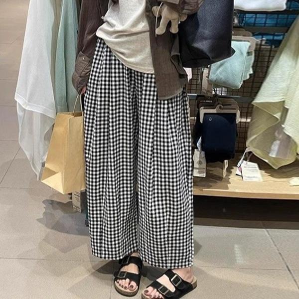 ALORA 棉質黑白格子休閒長褲 
