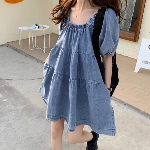 ALORA 方領蛋糕牛仔洋裝 