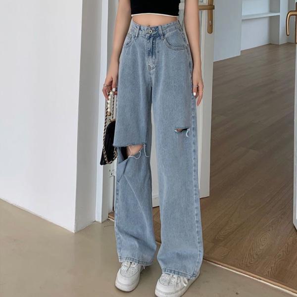 ALORA 淺色割破牛仔長褲 