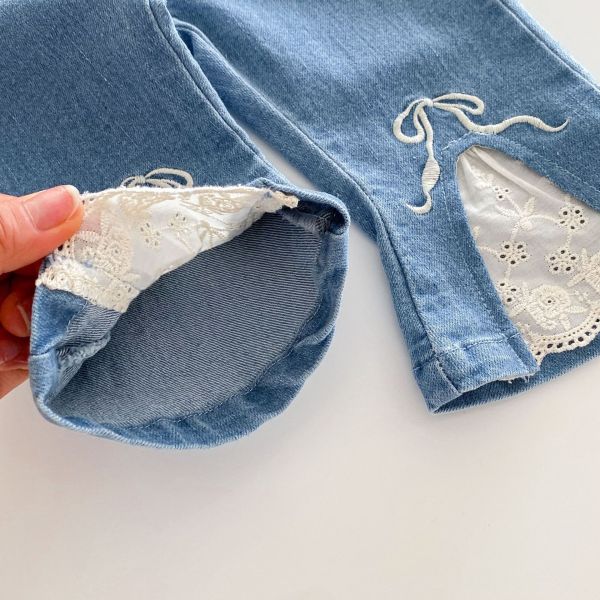 女童蕾絲拼接 開岔牛仔長褲 牛仔褲