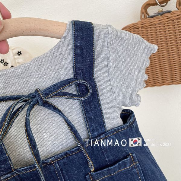 【現貨】女童夏季短袖套裝 短袖上衣+牛仔吊帶背心裙 
