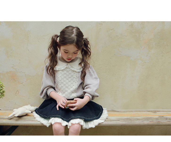 女童浪漫韓版蕾絲拼接 翻領長袖上衣