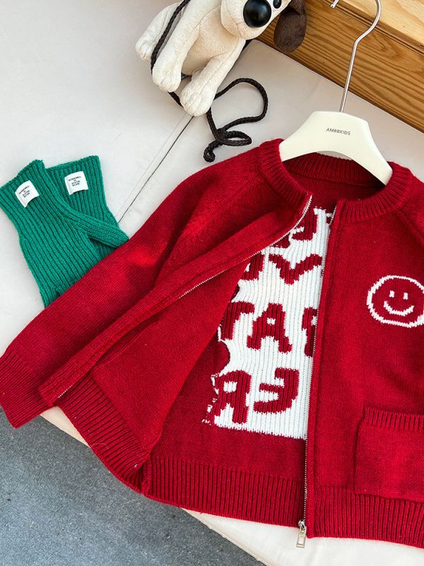 【現貨】女童笑臉刺繡 針織毛衣外套 拉鍊外套 
