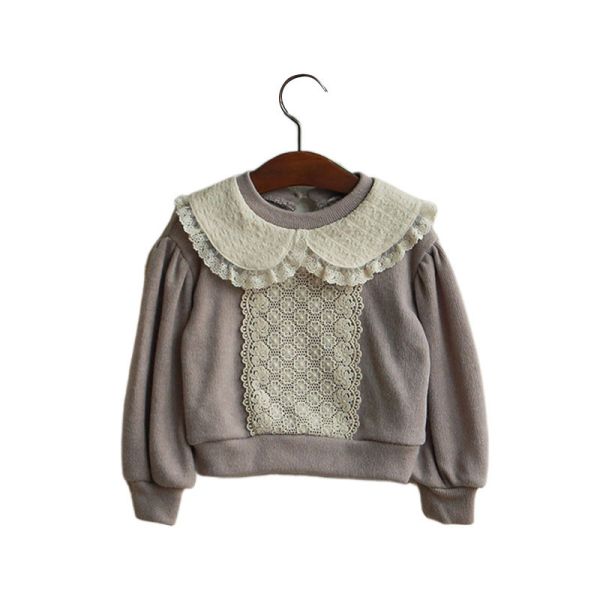 女童浪漫韓版蕾絲拼接 翻領長袖上衣