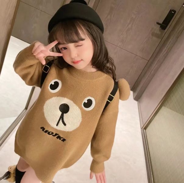 女童可愛熊熊 針織毛衣 長袖洋裝 俏皮裙子 