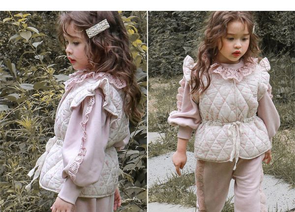 女童泡泡袖 蕾絲拼接 長袖上衣