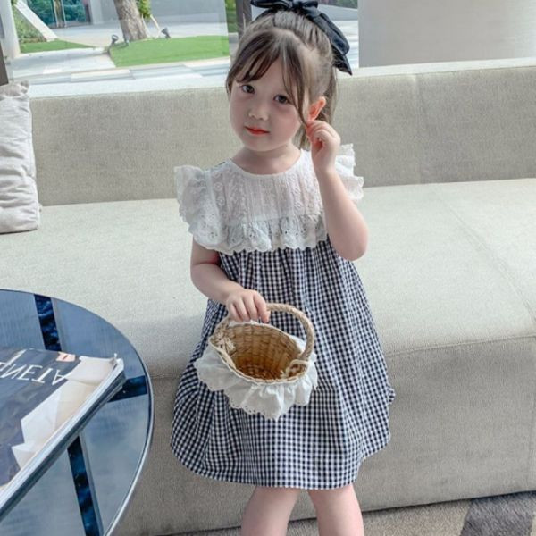 【現貨】女童浪漫蕾絲拼接 格子裙 短袖洋裝 背心裙 