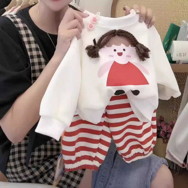 女童可愛玩偶 長袖套裝 長袖上衣+條紋長褲 