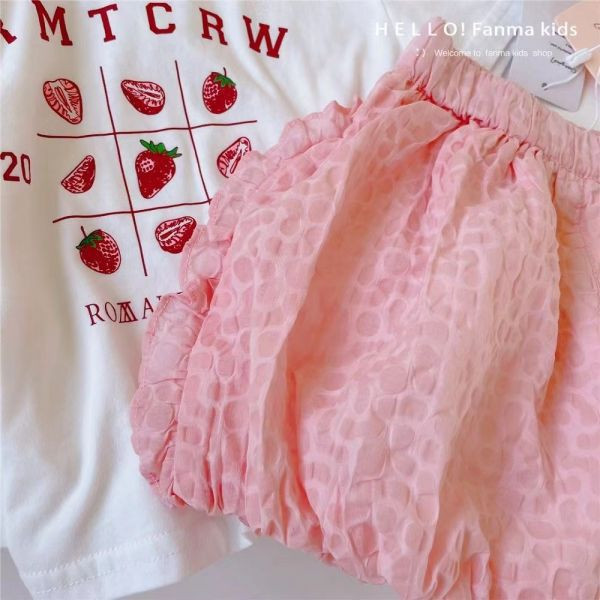 【現貨】女童短袖套裝 草莓撞色短袖上衣+泡泡短褲 