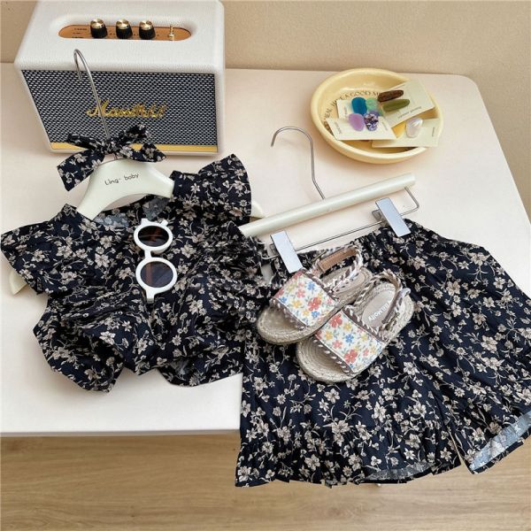 【現貨】女童碎花滿版短袖套裝 無袖上衣+短褲 