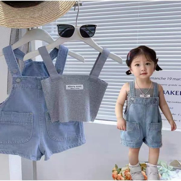 【現貨】女童牛仔吊帶褲兩件套 背心上衣 吊帶上衣 吊帶褲 