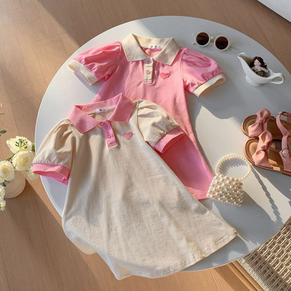 【現貨】女童翻領 短袖洋裝 愛心刺繡連身裙 