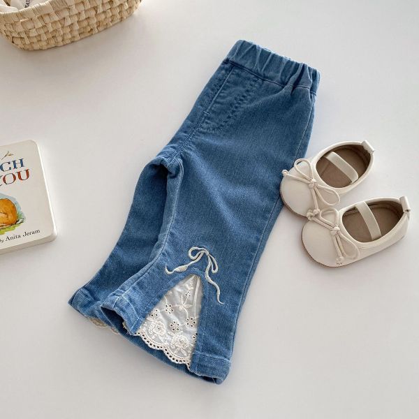 女童蕾絲拼接 開岔牛仔長褲 牛仔褲