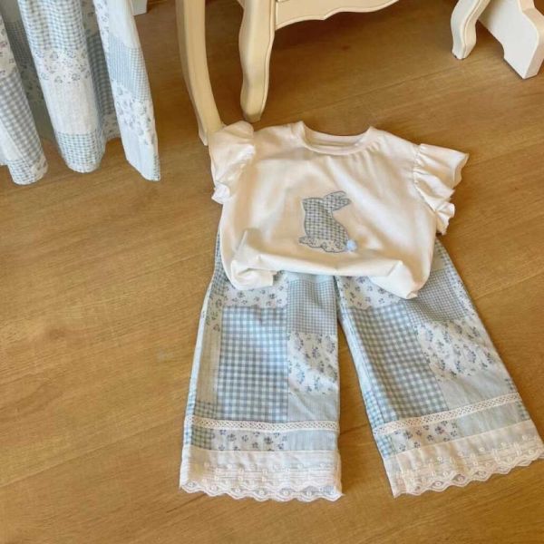 【現貨】女童短袖套裝 可愛兔子上衣+格子褲子 