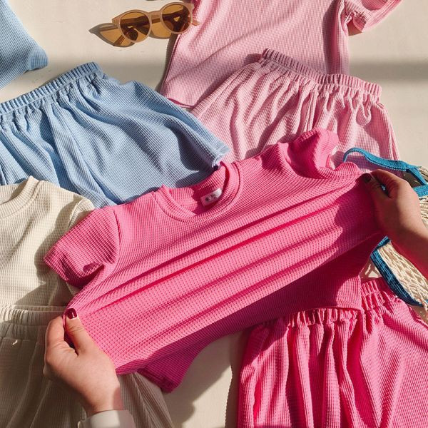 【現貨】女童 舒適短袖套裝 華夫格 短袖上衣+短褲 